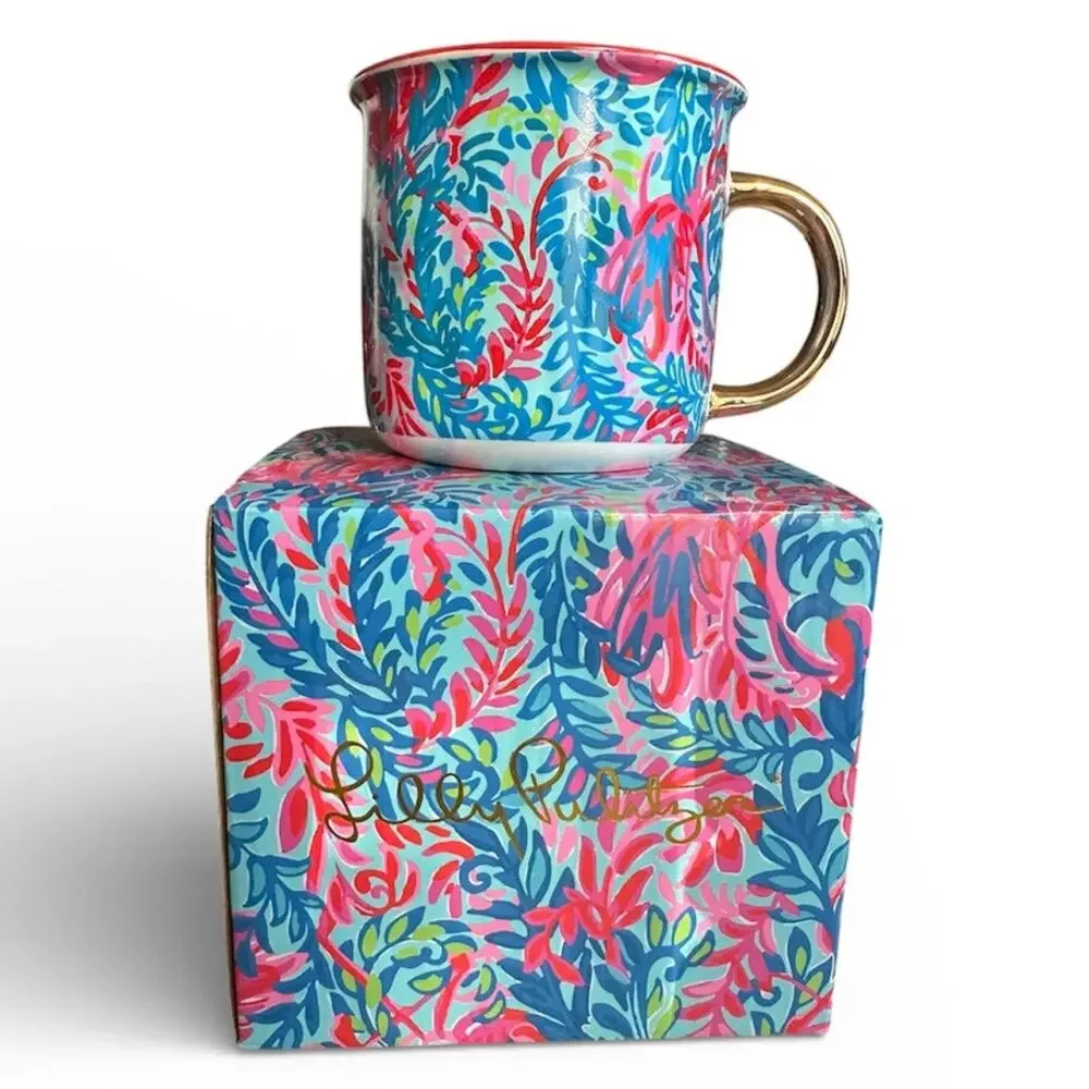 Lilly Pulitzer Holiday Print Ceramic‎ Mug w/ Gold Handle • Boxed New